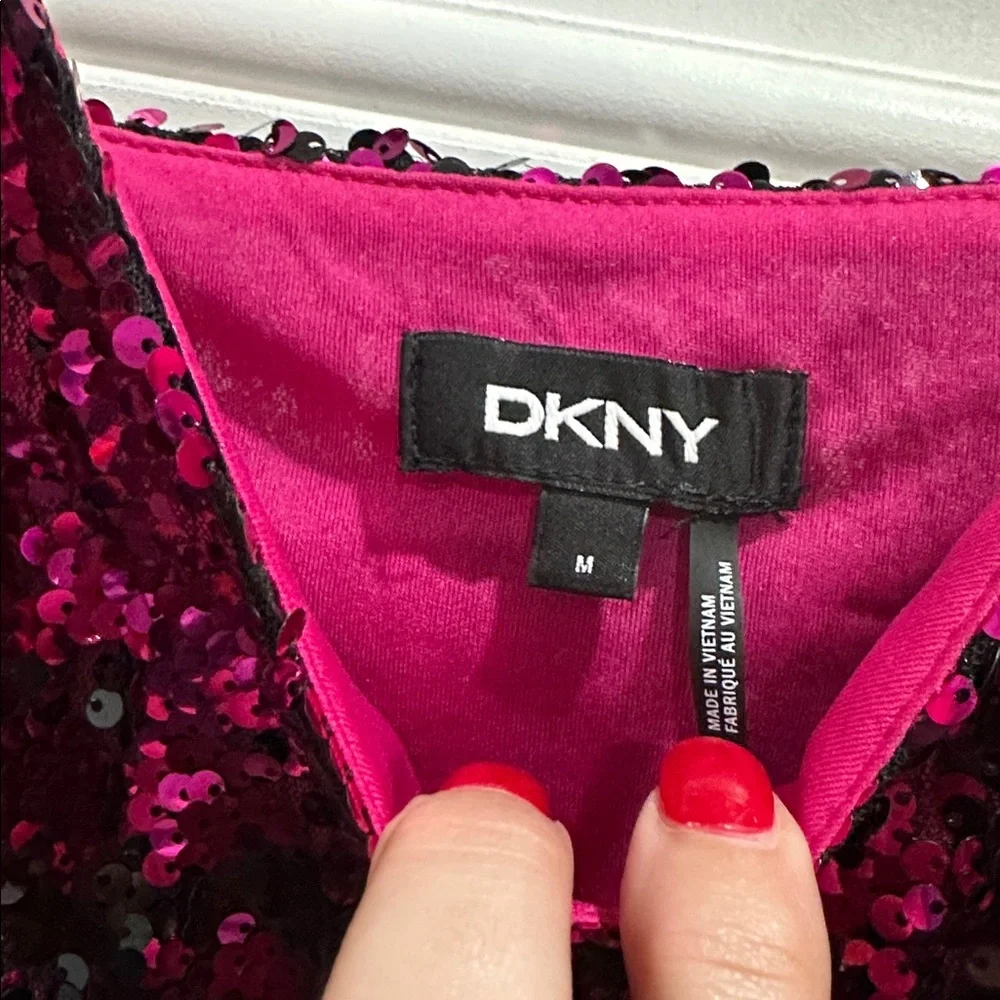 DKNY Fuchsia Pink Black Sequin Dress Sz M NYE Holiday Party - Picture 4 of 4